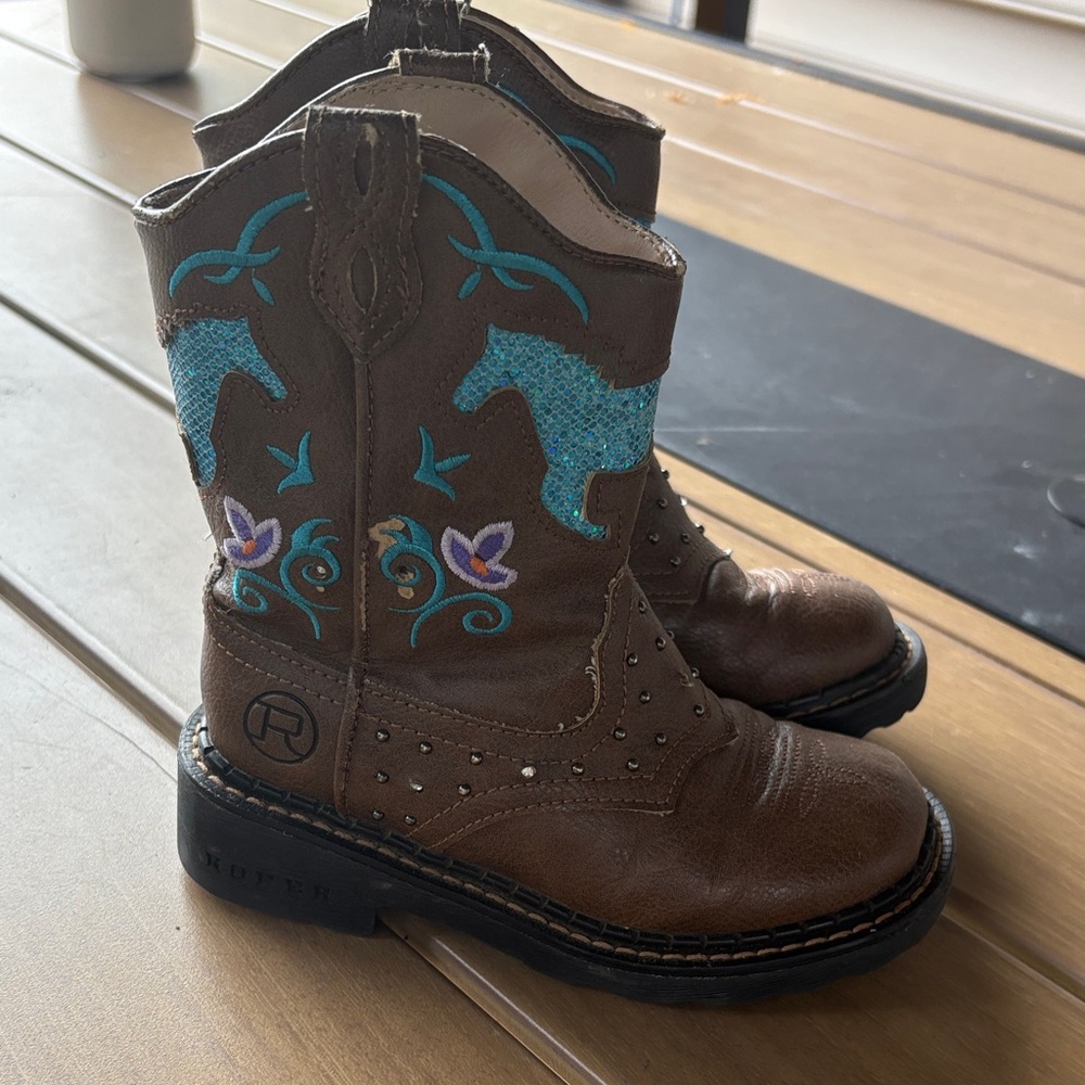Roper Brown Leather Kids Boots with Blue Embroidery